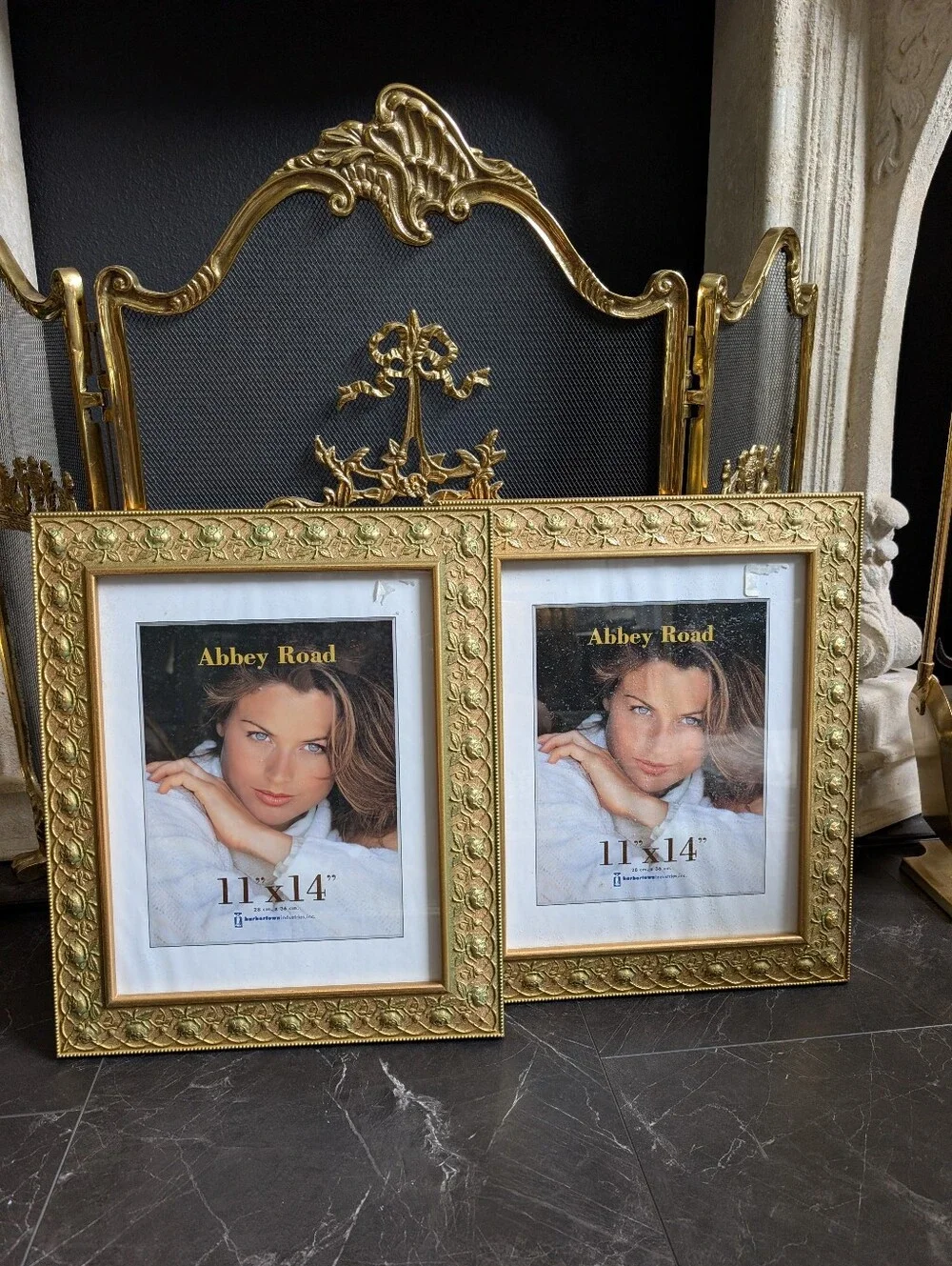 Vintage, set of 2, Gold ornate Rose details Photo Art Wall hanging Wood frames